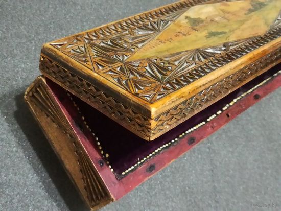 БОЛЬШАЯ ШКАТУЛКА В РУССКОМ СТИЛЕ С ЗАМОЧКОМ!  РОСПИСЬ НА КРЫШКЕ ! МАСТЕРСКАЯ РЕЗЬБА! ВЫЖИГАНИЕ! КОНЕЦ 19-НАЧАЛО 20 ВЕКА