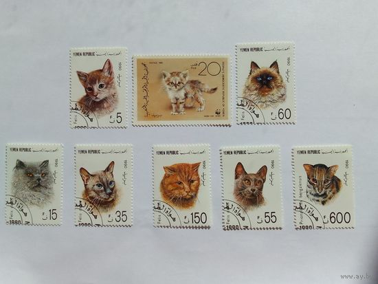 Марки Кошки Йемен 1990г  8 шт
