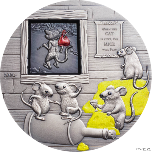 RARE Палау 10 долларов 2020г. "Кот из дома – мыши в пляс. Басни и пословицы". Монета в капсуле; подарочном футляре; номерной сертификат; коробка. СЕРЕБРО 62,20гр.(2 oz).