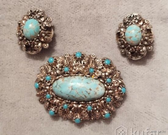 Брошь и клипсы, пекинское стекло, винтажный комплект