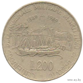 200 лир 1989 Италия. 100 лет морской военной базе в Таранто.