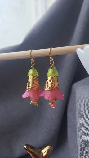Серьги Цветочки колокольчики розовые, латунь