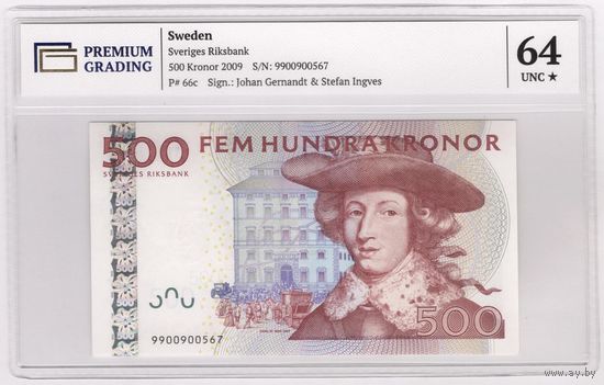 Швеция 500 крон 2009 года. Тип P-66с. Состояние UNC! В слабе Premium Grading 64