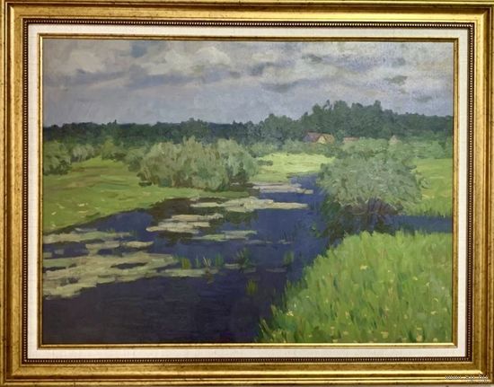 Кравцов В.П "Пейзаж с речкою", 1968г. Холст, масло. Размер 51х69 см.