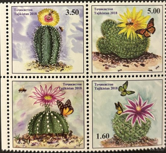 Марки Таджикистан 2018 Флора и Фауна. Насекомые. Бабочки. Пчелы. Кактусы. Квартблок MNH