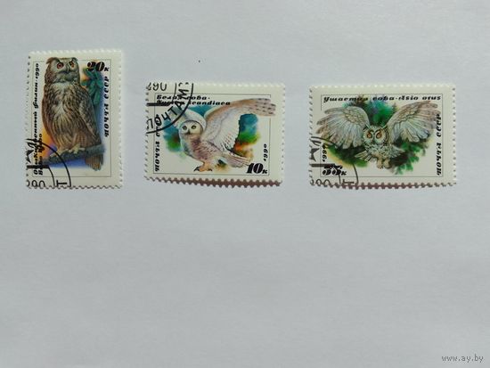 Марки птицы СССР Совы 1990 год    3шт
