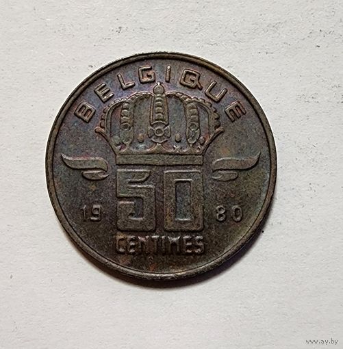 Бельгия 50 сантимов, 1980 Надпись на французском - 'BELGIQUE'