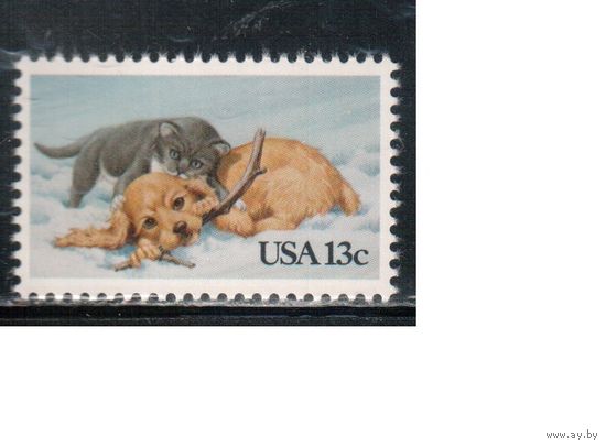 США-1982, (Мих.1611) , **, Фауна, Кошки, Собаки  (одиночка),