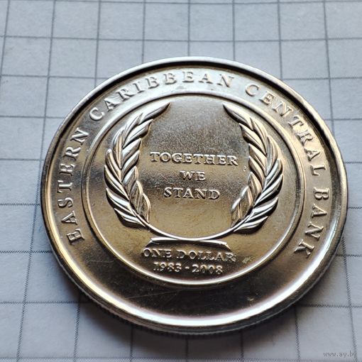 1 Восточно- Карибский доллар 2008 года. 25-летие Восточно-Карибскому Центральному банку.
