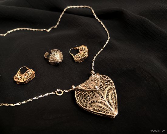 Набор, кулон, сережки, кольцо мельхиор винтаж