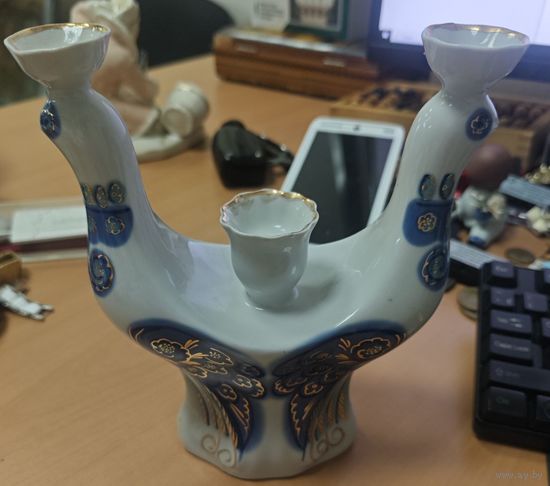 Подсвечник в виде птиц с орнаментом , фарфор, роспись, золочение, Полонский ЗХК, скульптор Г. Погребная, СССР