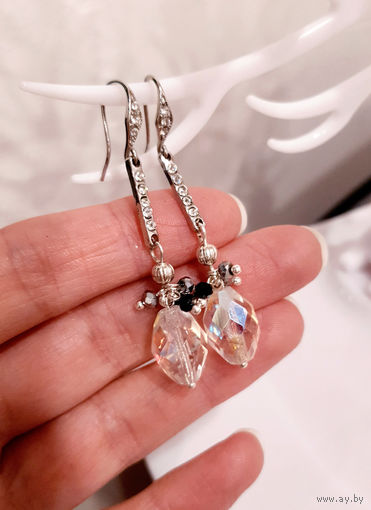 Серьги из бусин Аврора Бореалис, Чехословакия, сталь, фианиты