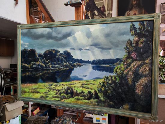 Шикарный большой пейзаж маслом (р. Двина) в раме, масло, холст  Лалыко Б.Г