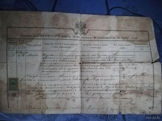 Выпис из метрической книги 1892 года Россия
