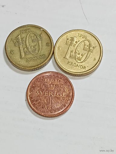 Швеция 1 крона 2016 года и 10 крон 1991 , 1992 года .