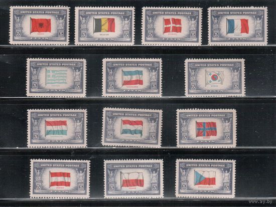 США-1943, (Мих.512-524),  ** ( 2 м - *)   , Война, Флаги оккупированных стран (полная серия),