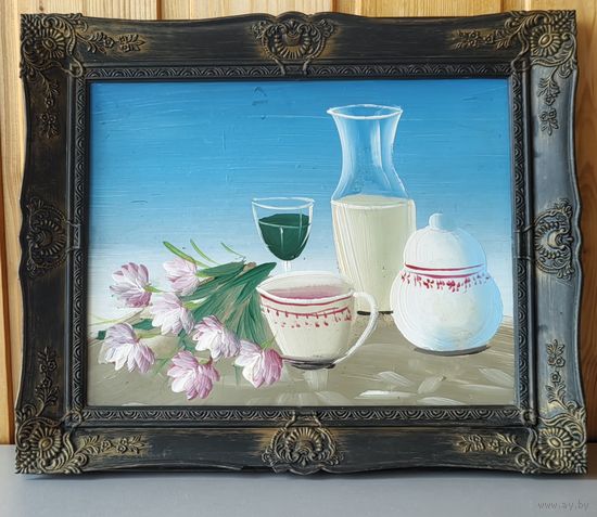 Натюрморт маслом на ДСП, в пластиковой раме