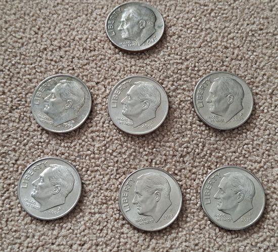 Погодовка дайм США 7 шт. 2015P, 2013P, 2006P, 2005P, 2001P, 1999P, 1983P