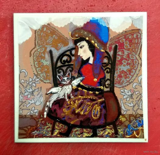 Плитка Керамическая * Изразец * Фея с Кошкой * Ручная Работа * 10 на 10 * PLAKART CERAMICS * (2) * Очень Красивая !