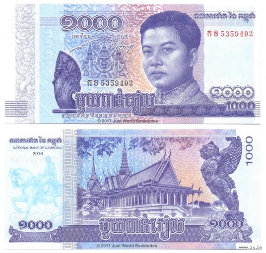 Камбоджа 1000 риелей образца 2016 года UNC p67