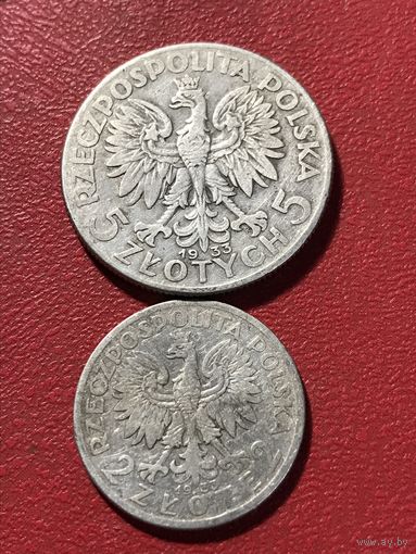 2. 5.злотых 1933г.цена за две.