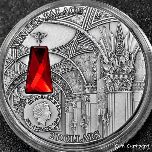 Ниуэ 2 доллара 2014г. "Зимний дворец Санкт-Петербург. SWAROVSKI". Монета в капсуле; деревянном подарочном футляре; сертификат; коробка. СЕРЕБРО 62,20гр.(2 oz).