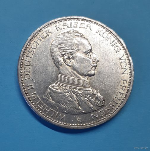 Германия. 5 марок. 1913 год. Вильгельм II. Мундир. Серебро