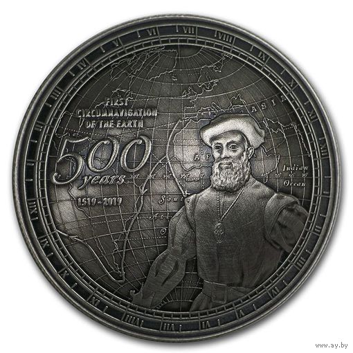 Самоа 2 доллара 2019г. "500 лет первому кругосветному путешествию Фернандо Магеллана". Вогнутая форма. Монета в деревянном подарочном футляре; номерной сертификат; коробка. СЕРЕБРО 40гр.