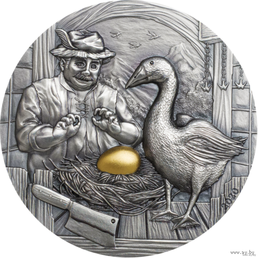 Палау 10 долларов 2020г. "Гусыня, несущая золотые яйца. Басни и пословицы". Монета в капсуле; подарочном футляре; номерной сертификат; коробка. СЕРЕБРО 62,20гр.(2 oz).