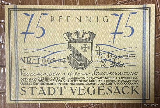 Нотгельд 75 пфеннигов 1921 год. Вегезак. Веймарская республика
