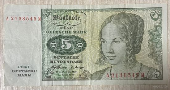 Банкнота 5 марок. 1980 год, ФРГ. Портрет молодой венецианки. Ветка дуба. С рубля без МЦ.