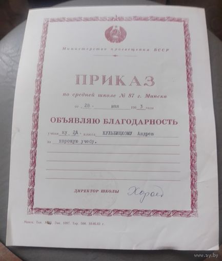 Благодарность в приказе.