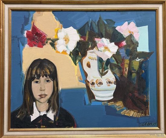 Щемелёв Л.Д;85,5/70,5см;1989г."Настенька", 1989г. Картон, масло. Размер с рамой 85,5х70,5 см.