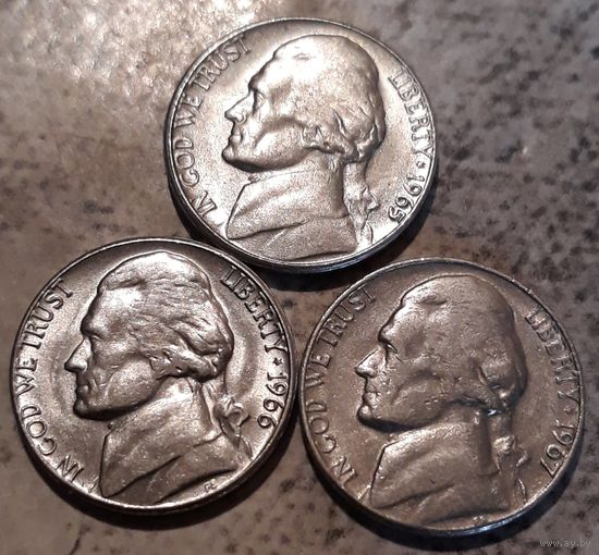5 центов ( никель) 1965.1966.1967 США  без обозначения МД 3 монеты