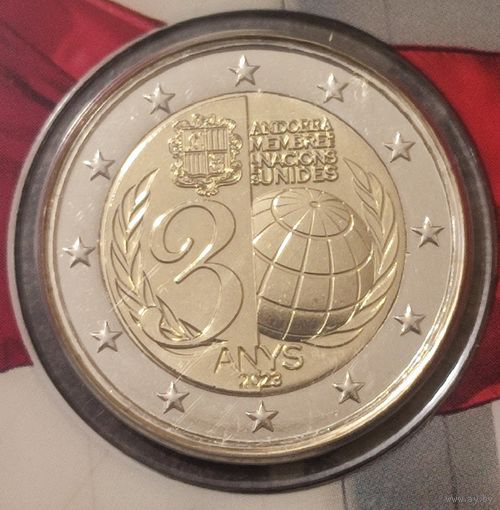 Андорра 2 евро 2023 г. 30 лет вступления Андорры в ООН.