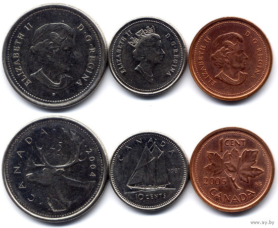 Лот из 3 монет - 25 центов 2004, 10 центов 1991, 1 цент 2005, Канада