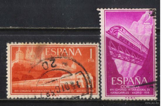 Испания Кор 1958 Международный конгресс железнодорожников Экспресс Талго у монастеря Эскориал Поезд с тепловозом 1600 на мосту через ущелье Деспенаперрос #1132-3