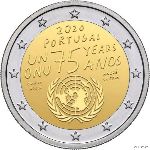 2 евро Португалия 2020 75 лет Организации Объединенных Наций UNC из ролла