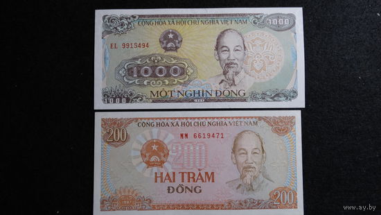 Вьетнам 200+1000 донгов 1987-89 год UNC