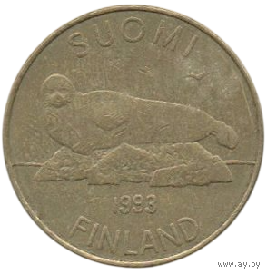 Финляндская Республика (Финляндия). 5 марок 1993 М. Фауна. Сайменская нерпа. Стрекоза.