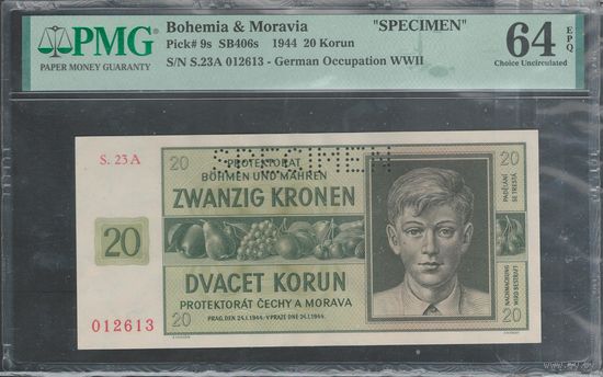 Чехословакия Богемия и Моравия 20 крон 1944 года. Тип Р-9s. Состояние UNC! В слабе PMG 64
