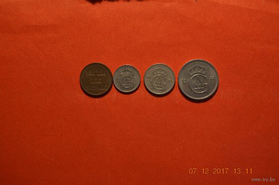 Набор Швеция 5 оре 1972, 10 оре 1973, 25 оре 1962, 50 оре 1972 года.