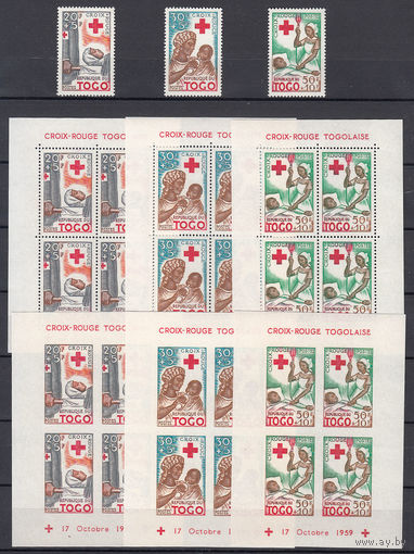 Медицина. Красный крест. Того. 1959. 3 марки с/з, 3 блока с/з, 3 блока б/з. Michel N 268-270, бл2-4 (- е)