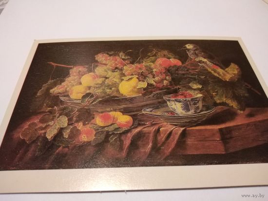 Открытка чистая  1989г. Ян Фейт. Натюрморт с цветами, фруктами и попугаем.