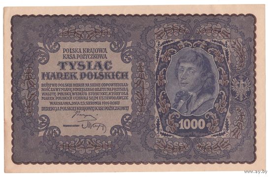 Польша 1000 марок 1919 года. Костюшко. I серия DF. Префикс из двух букв. Состояние XF+/aUNC! Тип P029. Нечастая! (3)