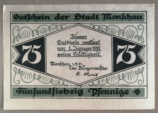 Германия, нотгельды, 75 пфеннигов 1921 год, Моншау, 897.1