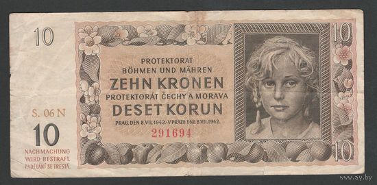 Чехословакия Богемия и Моравия 10 крон 1942 года. Тип P-8. Без перфорации. Состояние VF