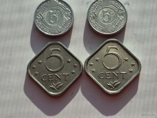 Сборный лот 5 центов Нидерландские Антильские острова. Лот состоит из 4-х монет. Монеты не чищены. 45239