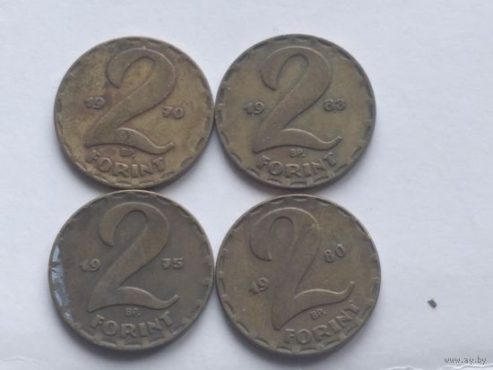 Венгрия (ВНР). 2 форинта 1970, 1975, 1980 и 1985 годов. 4 штуки
