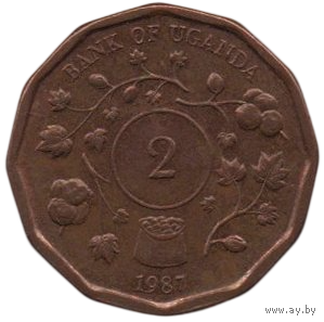 Республика Уганда. 2 шиллинга 1987. Ветви хлопка. Год тип.